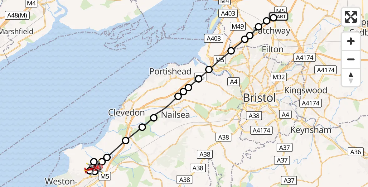 Flight path map showing Air Ambulance Helicopter route from Almondsbury Helicopter Base to Worle