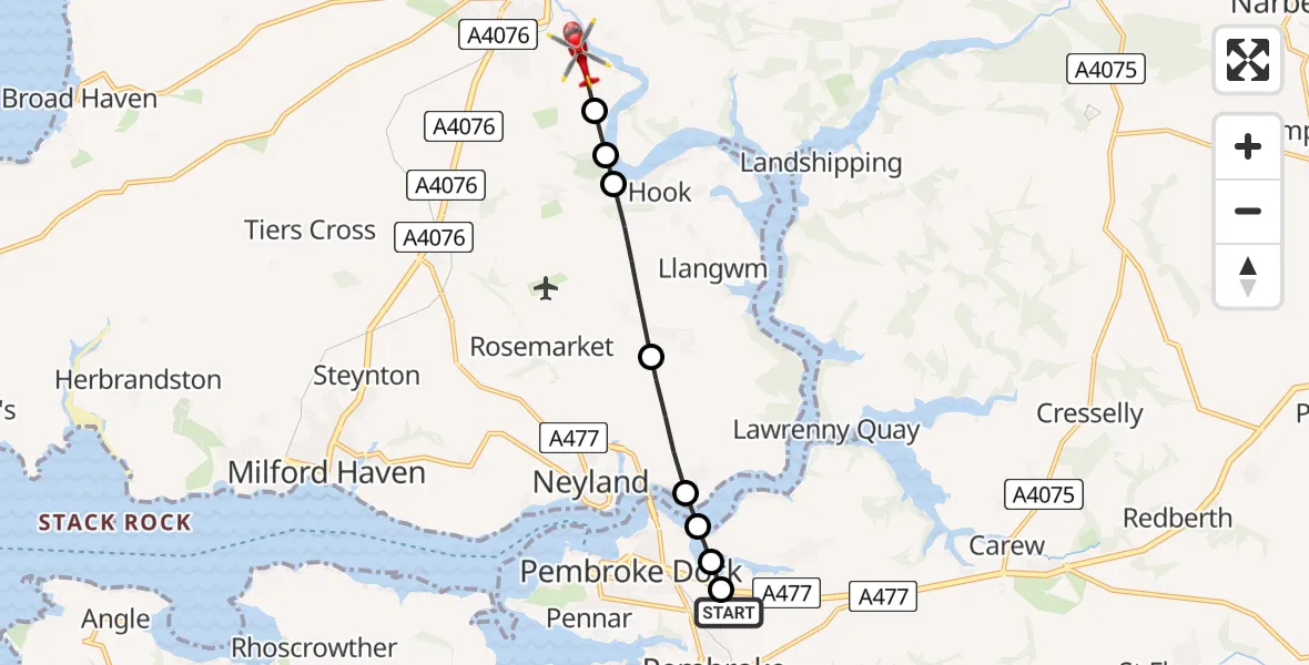 Flight path map showing Air Ambulance Helicopter route from Monkton to Haverfordwest