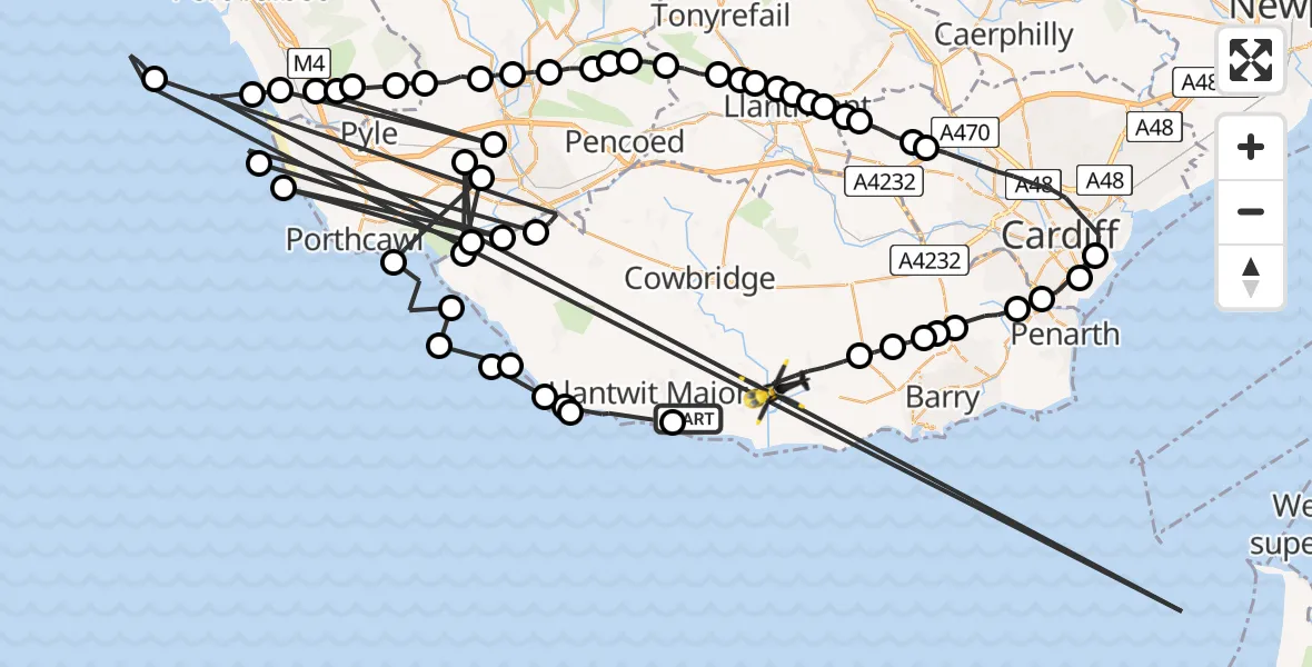 Flight path map showing Police Helicopter route from Boverton to Llancarfan