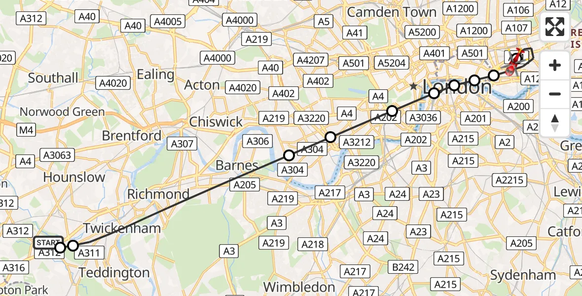Flight path map showing Air Ambulance Helicopter route from London Borough of Hounslow to Royal London Hospital