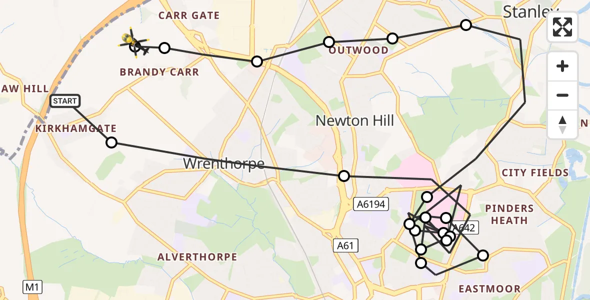 Flight path map showing Police Helicopter route from Ossett to East Ardsley