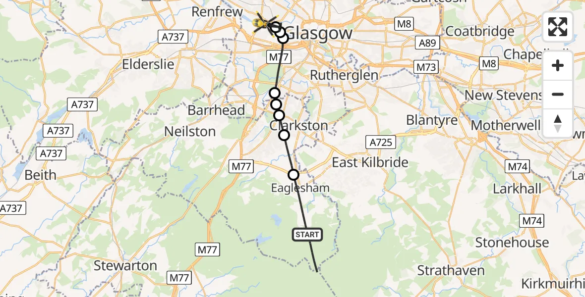 Flight path map showing Police Helicopter route from Eaglesham to Glasgow
