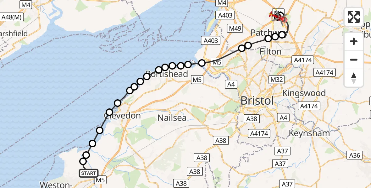 Flight path map showing Air Ambulance Helicopter route from Worle to Almondsbury Helicopter Base