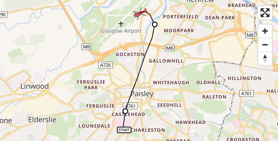 Flight path map showing Air Ambulance Helicopter route from Royal Alexandria Hospital Paisley to Glasgow Airport