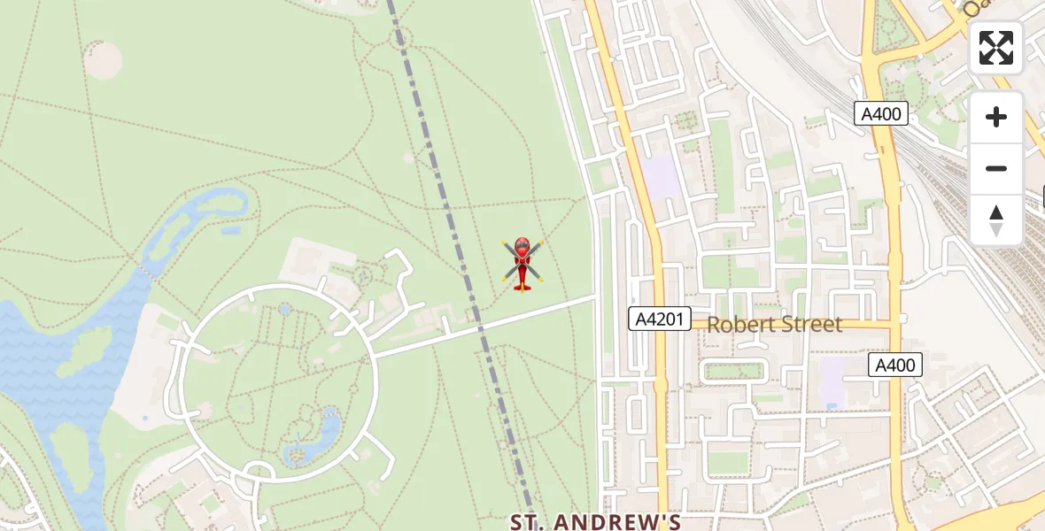 Flight path map showing Air Ambulance Helicopter route from London Borough of Camden to London Borough of Camden