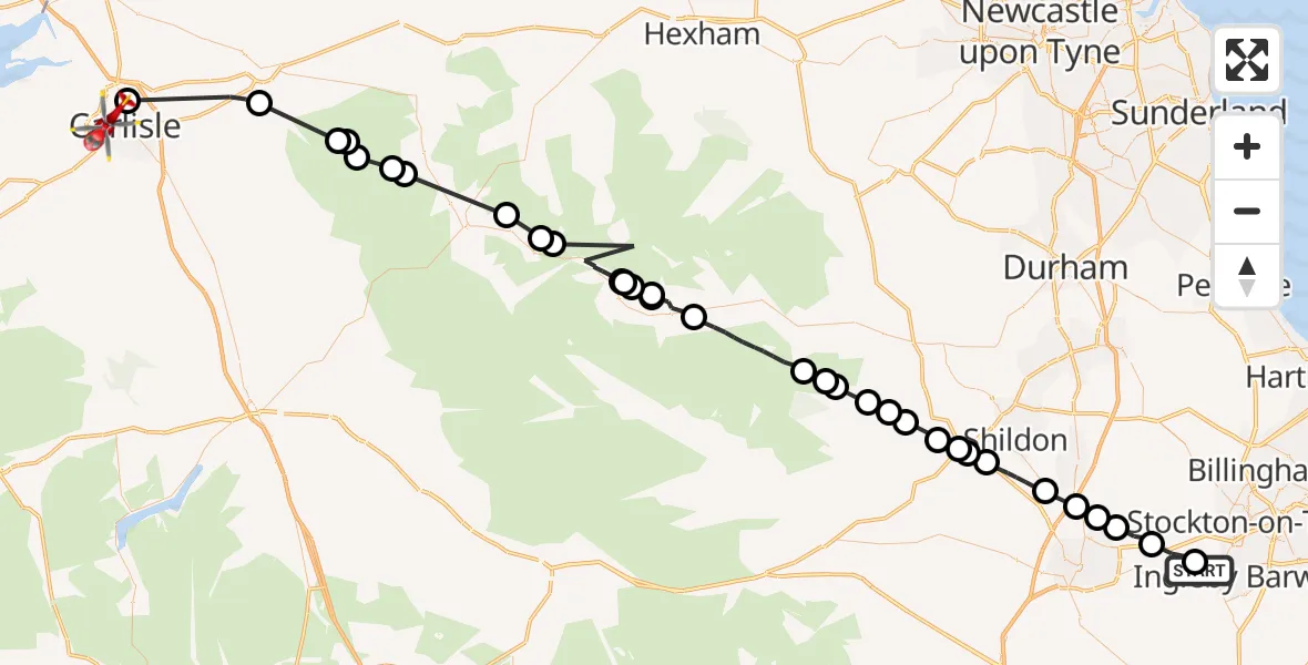 Flight path map showing Air Ambulance Helicopter route from Egglescliffe to Carlisle General