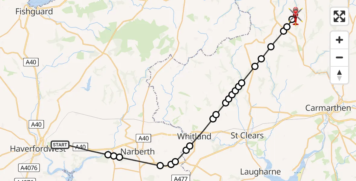 Flight path map showing Air Ambulance Helicopter route from Uzmaston, Boulston and Slebech to Rhos