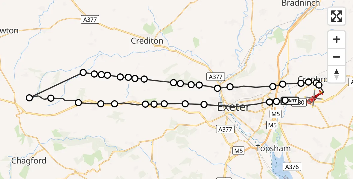 Flight path map showing Air Ambulance Helicopter route from East Devon to Exeter International Airport