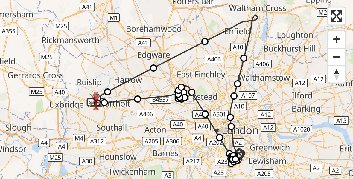 Flight path map showing Air Ambulance Helicopter route from RAF Northolt to RAF Northolt