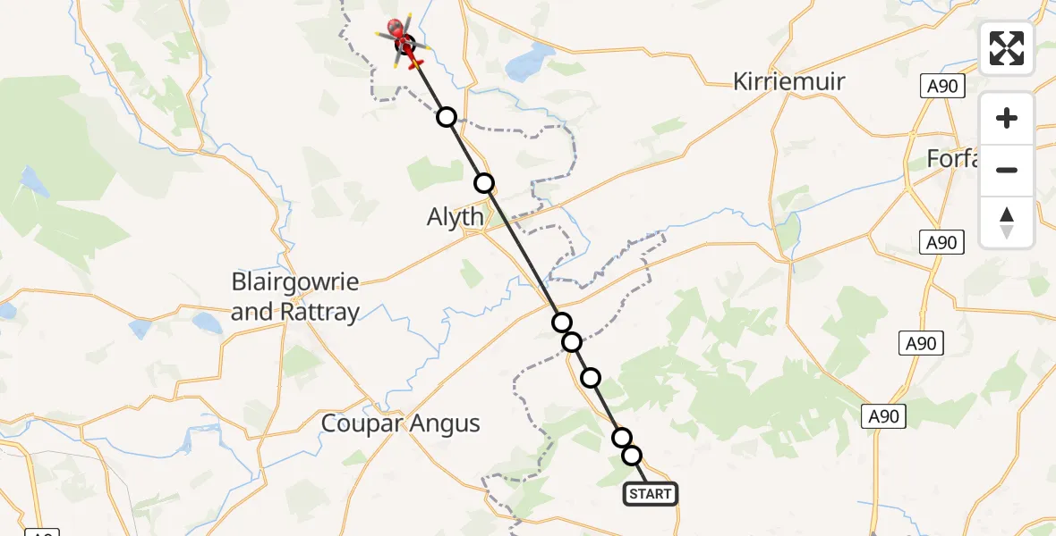 Flight path map showing Air Ambulance Helicopter route from Auchterhouse to Kirkton of Glenisla