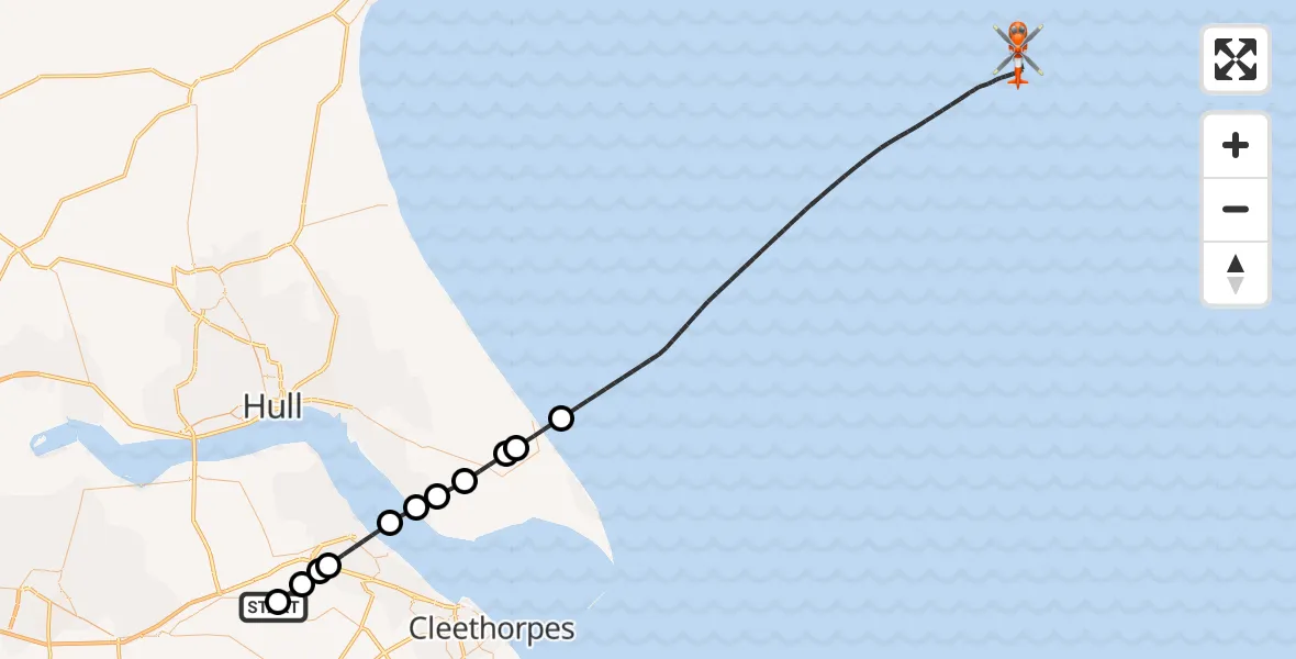Flight path map showing Coastguard Helicopter route from Humberside Airport to North Sea