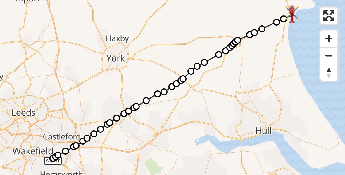 Flight path map showing Air Ambulance Helicopter route from YAA Nostell Helicopter Port to Bridlington