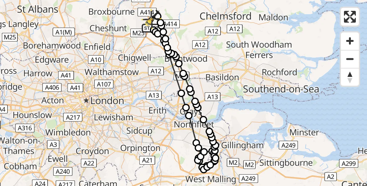 Flight path map showing Police Helicopter route from Coopersale to North Weald Airfield