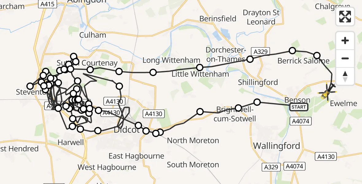 Flight path map showing Police Helicopter route from RAF Benson to Ewelme