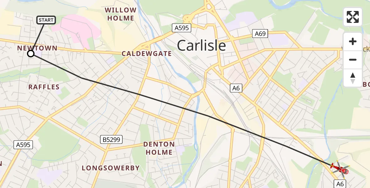 Flight path map showing Air Ambulance Helicopter route from Carlisle General to Blackwell