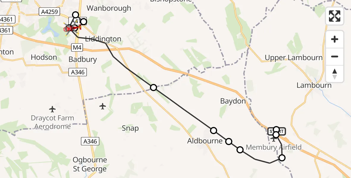 Flight path map showing Air Ambulance Helicopter route from Membury Airfield to Great Western Hospital