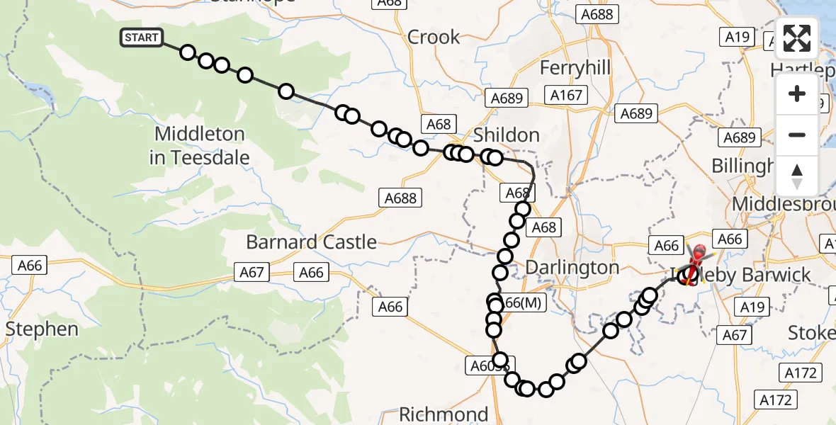 Flight path map showing Air Ambulance Helicopter route from Daddry Shield to Egglescliffe
