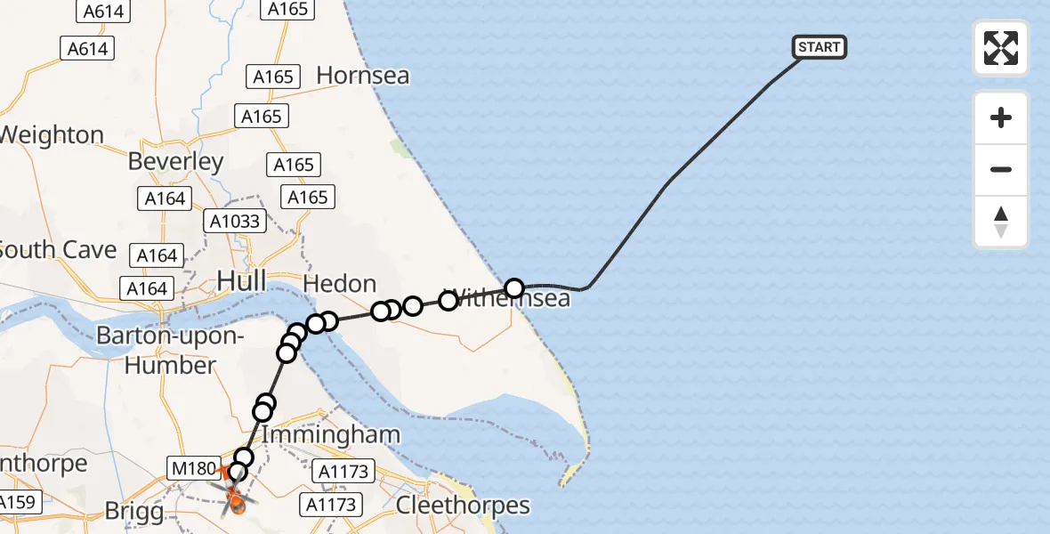 Flight path map showing Coastguard Helicopter route from North Sea to Humberside Airport