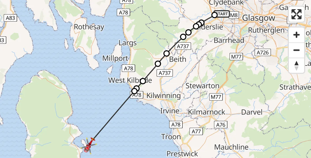 Flight path map showing Air Ambulance Helicopter route from Glasgow Airport to Inner Seas