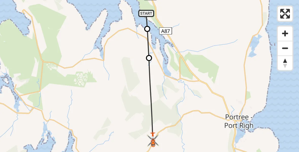 Flight path map showing Coastguard Helicopter route from Kingsburgh - Cinnseaborg to Struan - An Sruthan