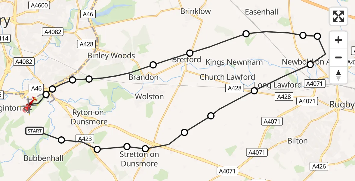 Flight path map showing Air Ambulance Helicopter route from Coventry Airport to Coventry Airport