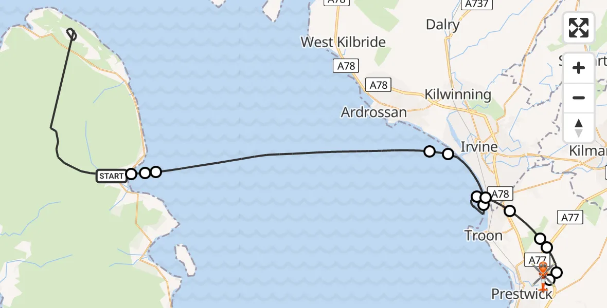 Flight path map showing Coastguard Helicopter route from Brodick to Glasgow Prestwick Airport