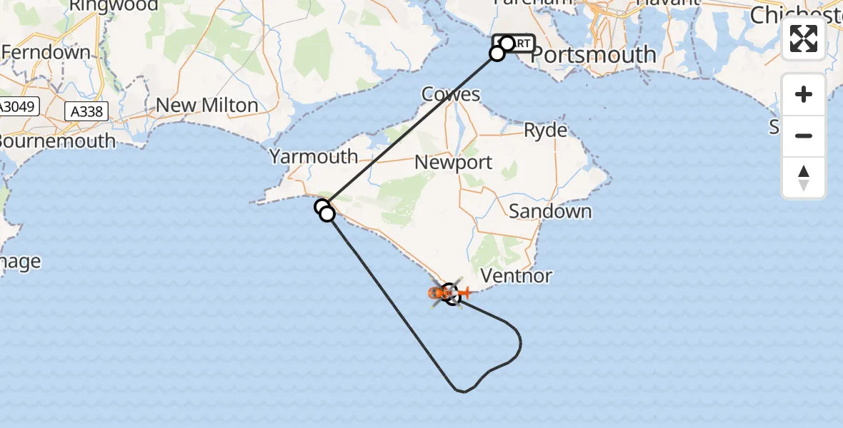 Flight path map showing Coastguard Helicopter route from Solent Airport to Niton