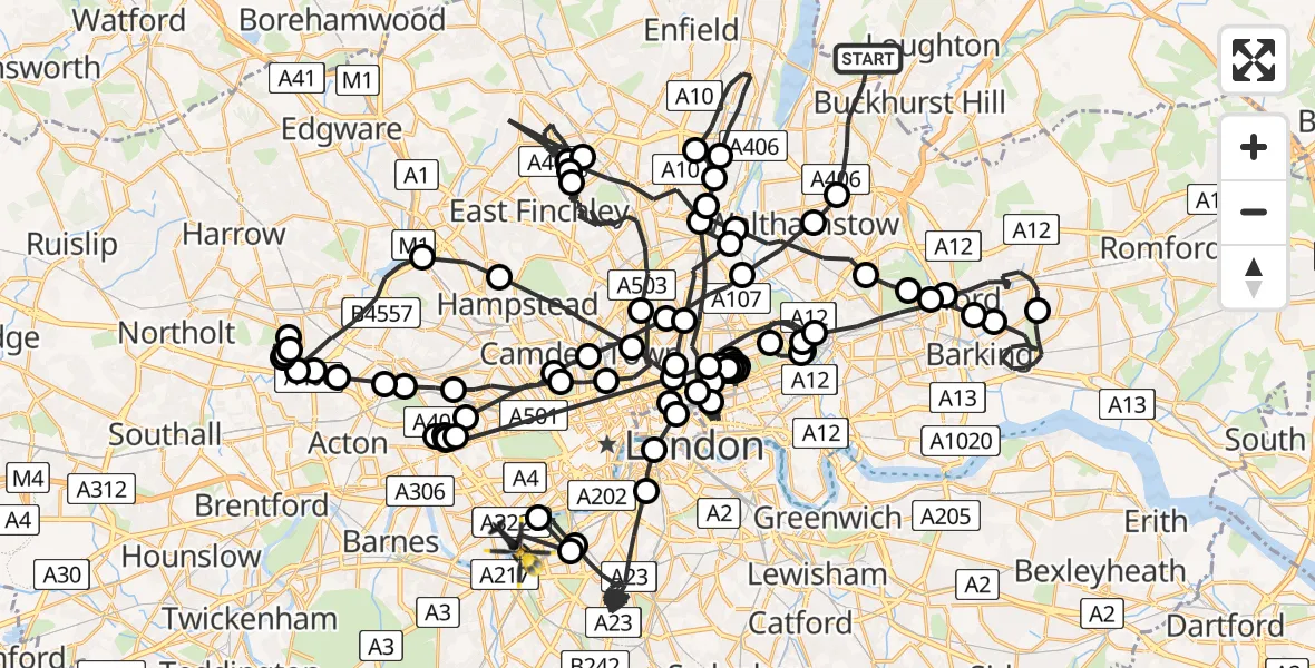 Flight path map showing Police Helicopter route from London Borough of Waltham Forest to London Borough of Wandsworth