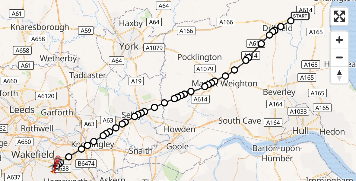 Flight path map showing Air Ambulance Helicopter route from Harpham to YAA Nostell Helicopter Port