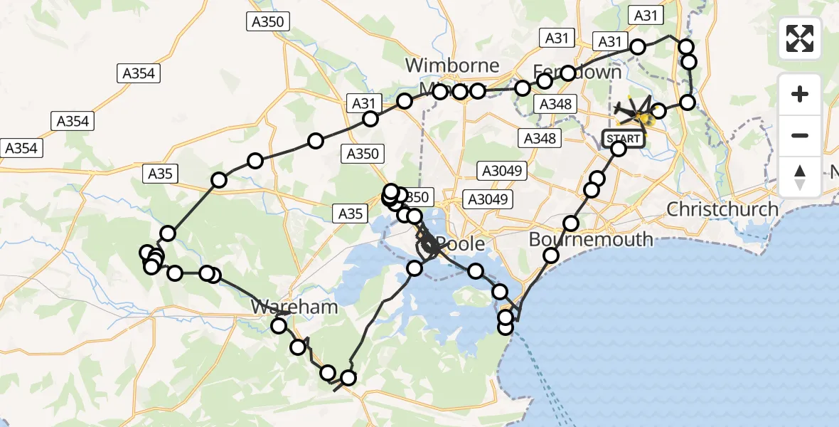 Flight path map showing Police Helicopter route from Hurn to Bournemouth Airport