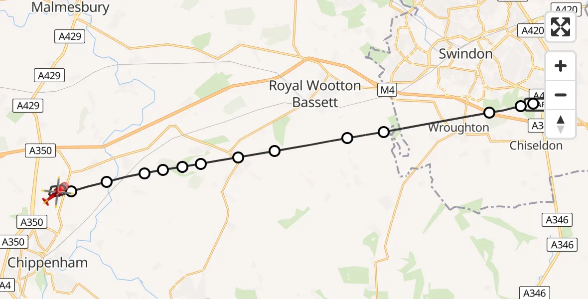 Flight path map showing Air Ambulance Helicopter route from Great Western Hospital to Kington Langley