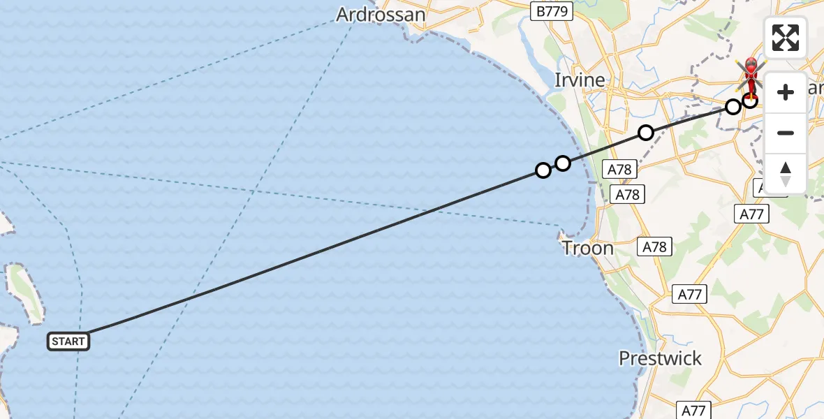 Flight path map showing Air Ambulance Helicopter route from Inner Seas to Crosshouse University Hospital