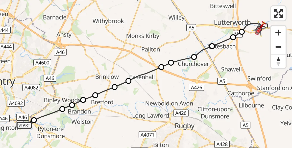 Flight path map showing Air Ambulance Helicopter route from Coventry Airport to Walcote