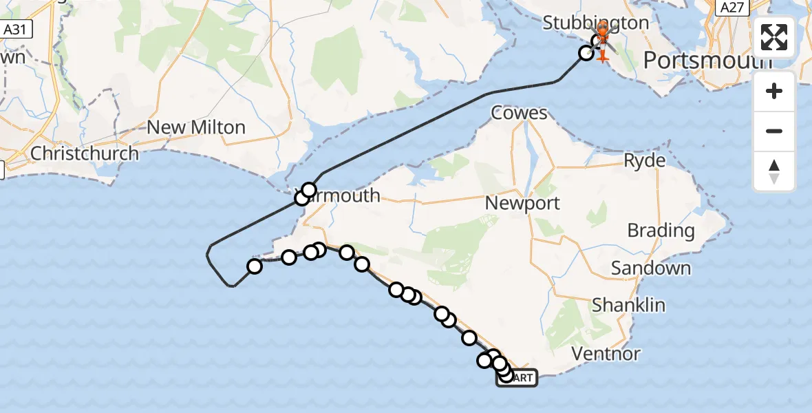 Flight path map showing Coastguard Helicopter route from Niton to Solent Airport
