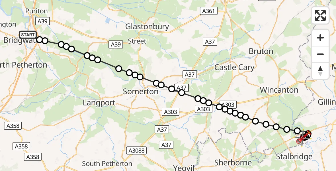 Flight path map showing Air Ambulance Helicopter route from Bridgwater to Henstridge Airfield