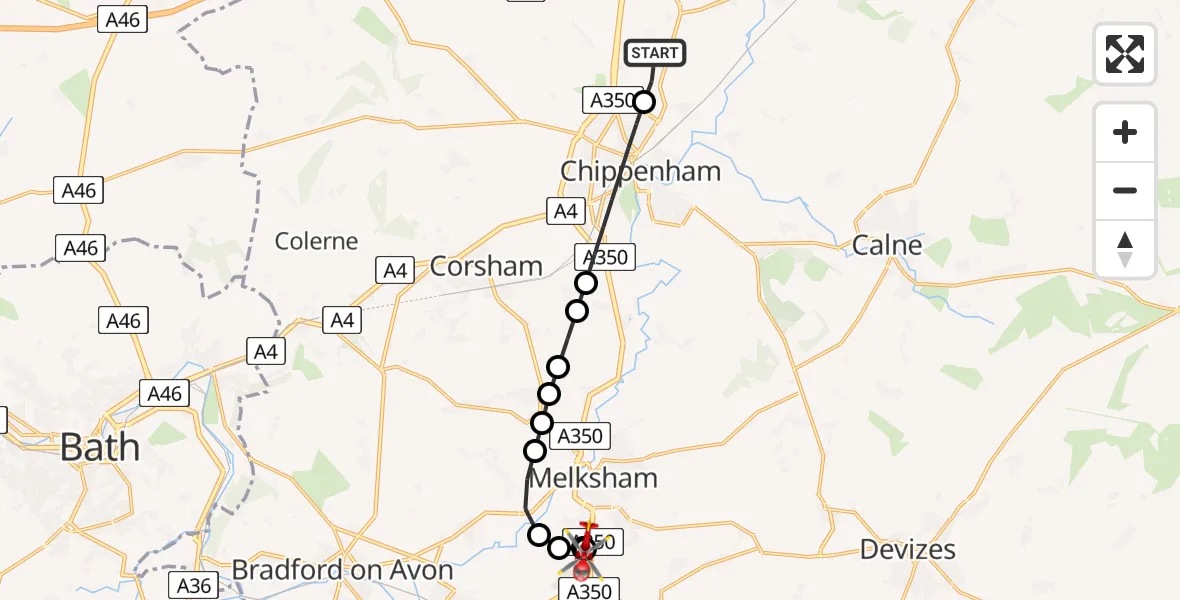 Flight path map showing Air Ambulance Helicopter route from Kington Langley to Melksham