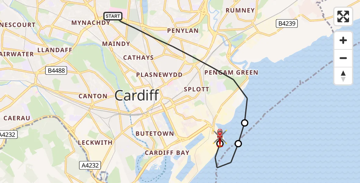 Flight path map showing Air Ambulance Helicopter route from Cardiff to Cardiff Heliport