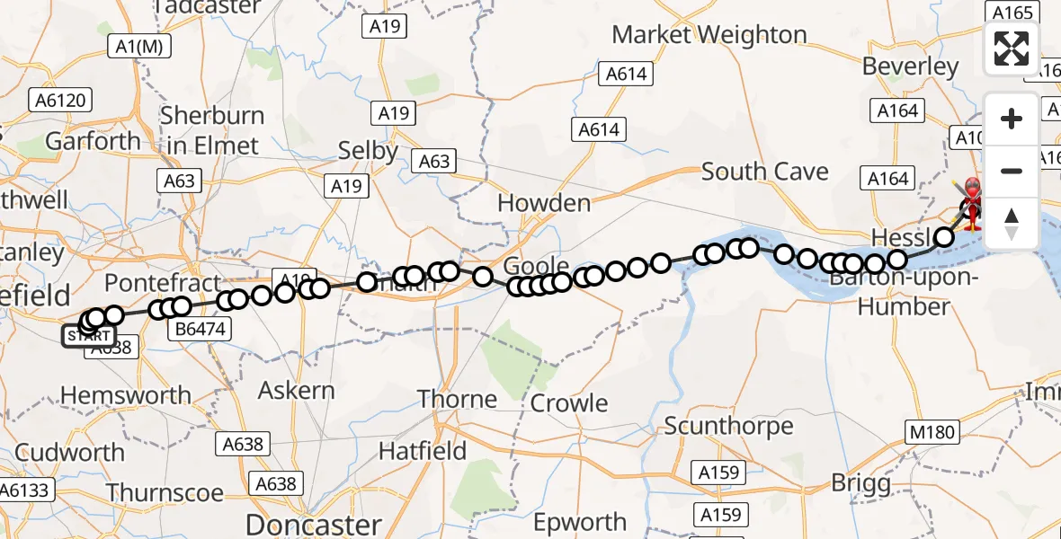 Flight path map showing Air Ambulance Helicopter route from YAA Nostell Helicopter Port to Hull Royal Infirmary