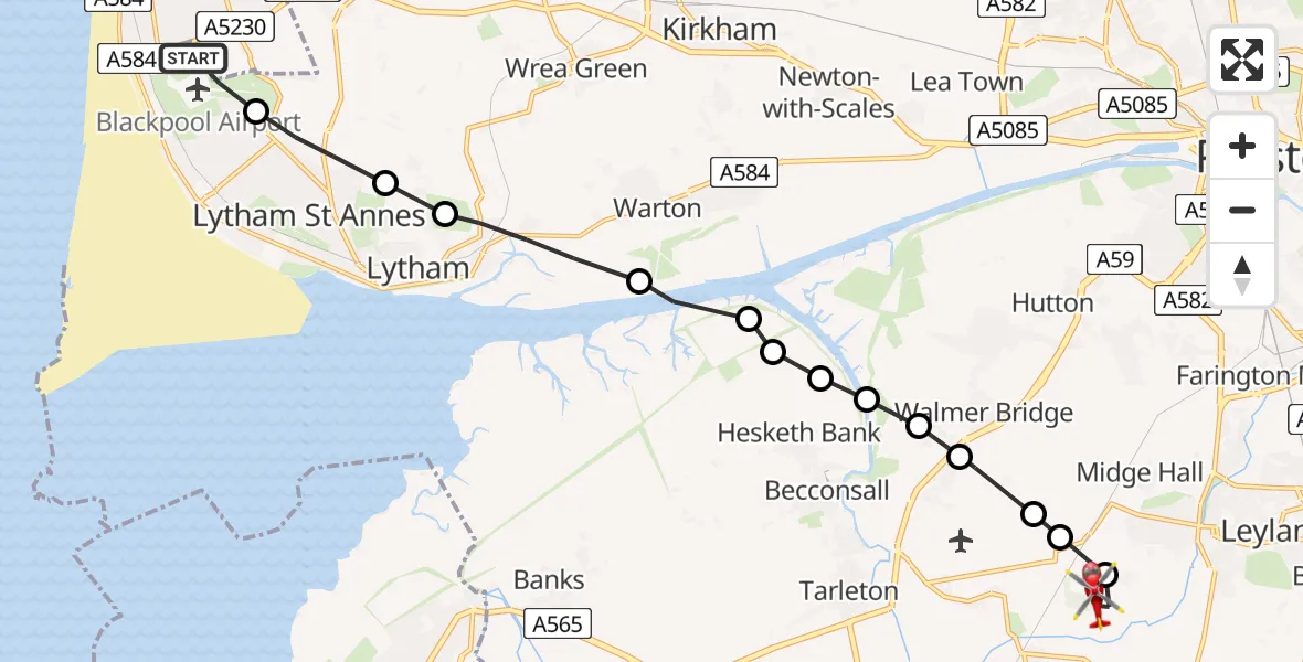 Flight path map showing Air Ambulance Helicopter route from Blackpool Airport to Chorley