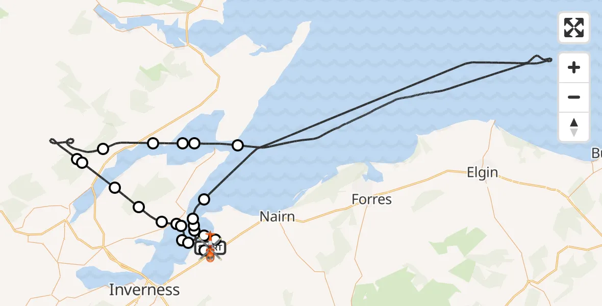Flight path map showing Coastguard Helicopter route from Inverness Airport to Inverness Airport