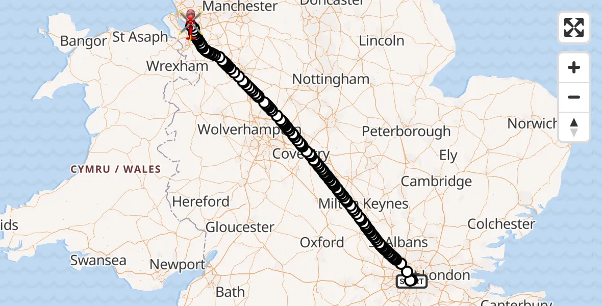 Flight path map showing Air Ambulance Helicopter route from London Heliport to Liverpool John Lennon Airport
