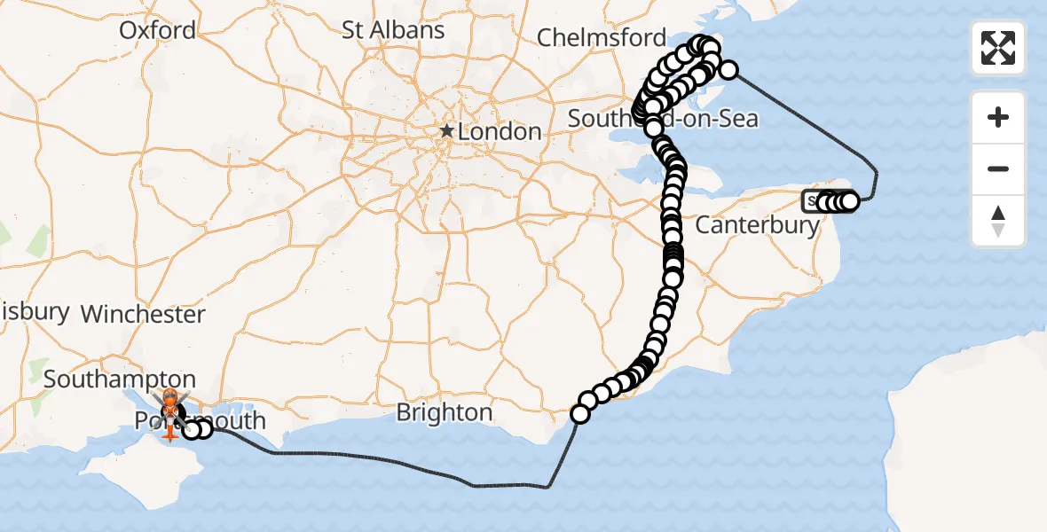 Flight path map showing Coastguard Helicopter route from Manston Airport to Solent Airport