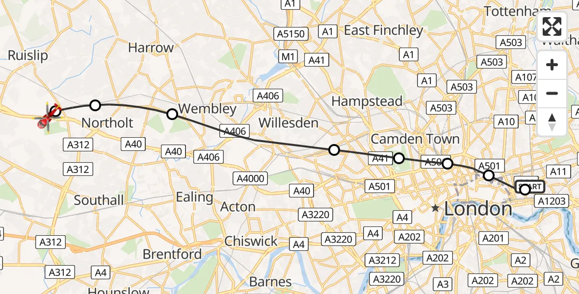Flight path map showing Air Ambulance Helicopter route from Royal London Hospital to RAF Northolt