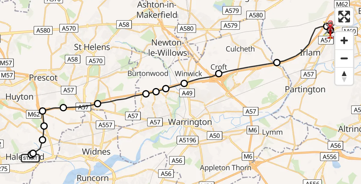 Flight path map showing Air Ambulance Helicopter route from Knowsley to Irlam