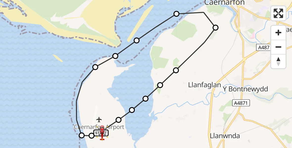 Flight path map showing Air Ambulance Helicopter route from Caernarfon Airport to Caernarfon Airport