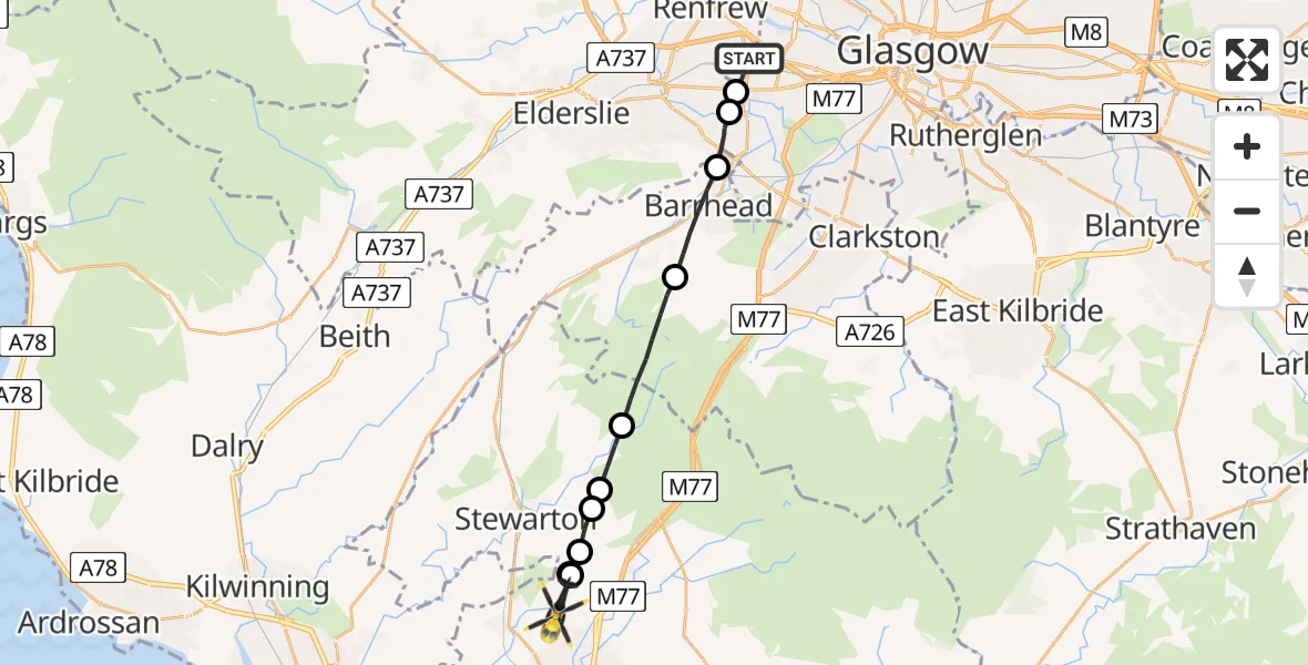 Flight path map showing Police Helicopter route from Glasgow to Kilmaurs