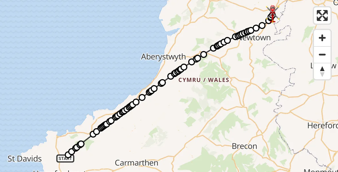 Flight path map showing Air Ambulance Helicopter route from Ambleston to Welshpool Airport