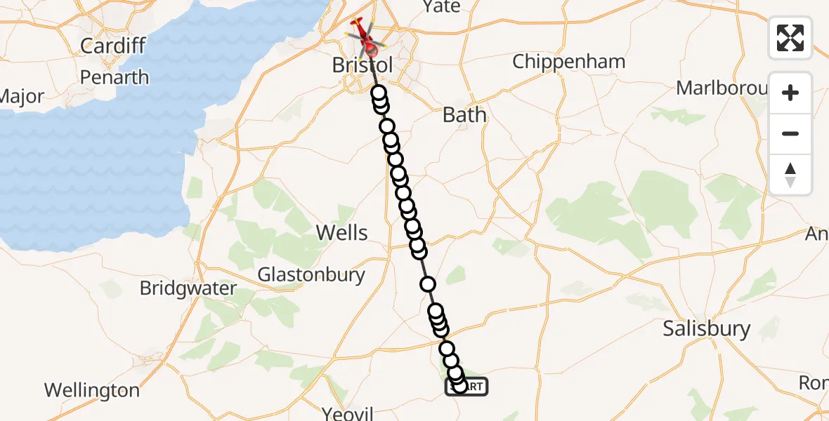 Flight path map showing Air Ambulance Helicopter route from Henstridge Airfield to Bristol