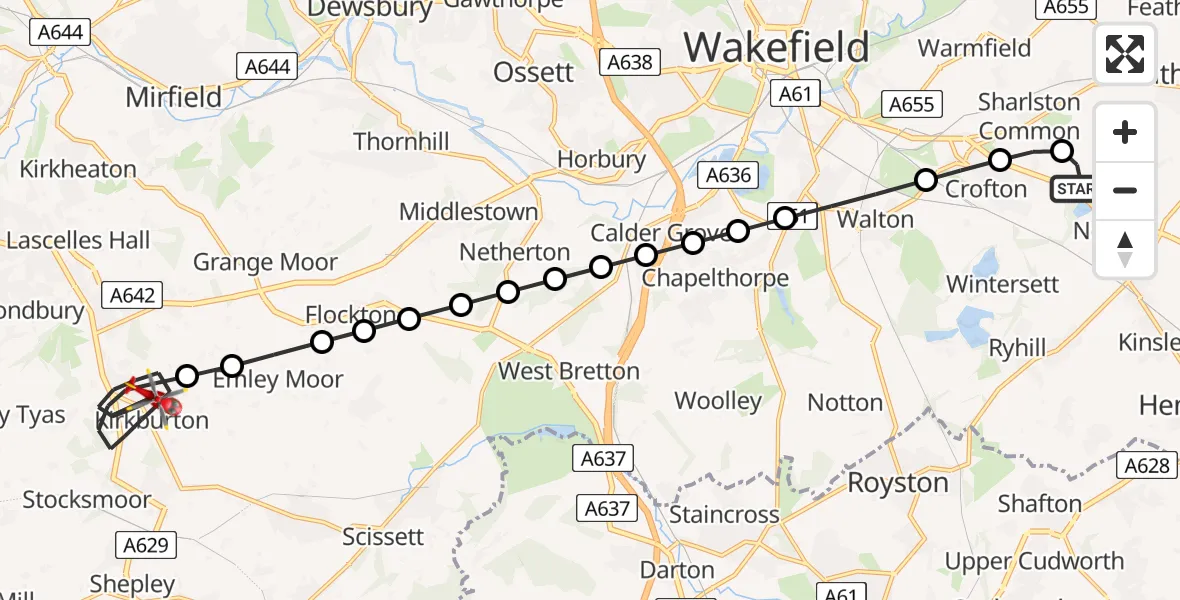 Flight path map showing Air Ambulance Helicopter route from YAA Nostell Helicopter Port to Kirkburton