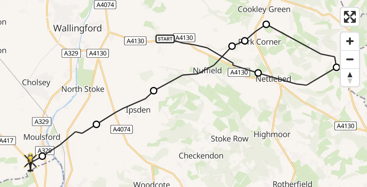 Flight path map showing Police Helicopter route from Nuffield to Moulsford